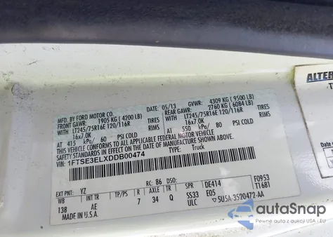 2013 Ford E-350 Super Duty Commercial z USA, uszkodzony, nr VIN 1FTSE3ELXDDB00474